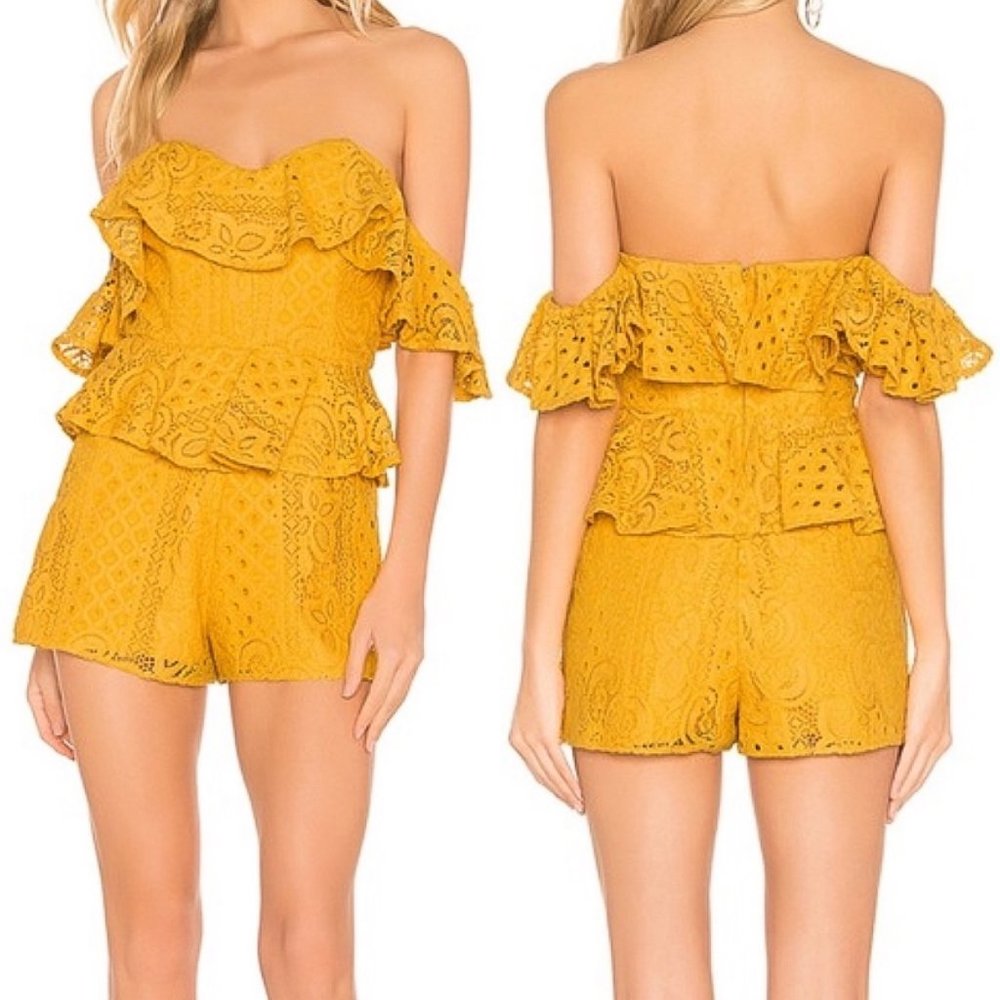 Michael Costello X REVOLVE Tilly Eyelet Lace Romper in Marigold Ruffle Size M
